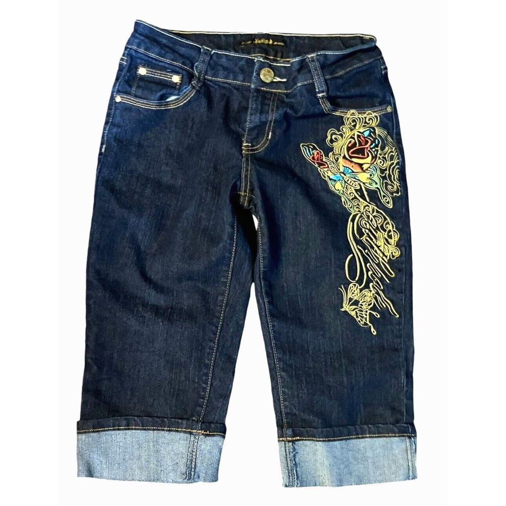 Southpole Womens Bermuda Jean Shorts 7 Embroidered Logo Y2K Streetwear Casual